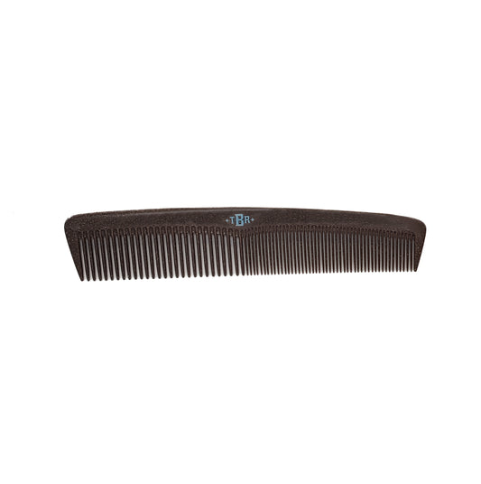 A black liquid wood styling comb with fine and medium teeth, suitable for hair styling.