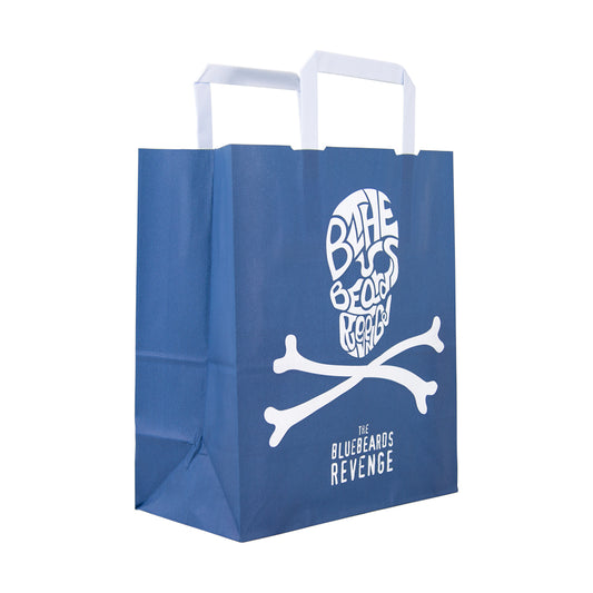 blue and white recyclable paper bag with a hand-drawn skull and crossbones illustration by the bluebeards revenge