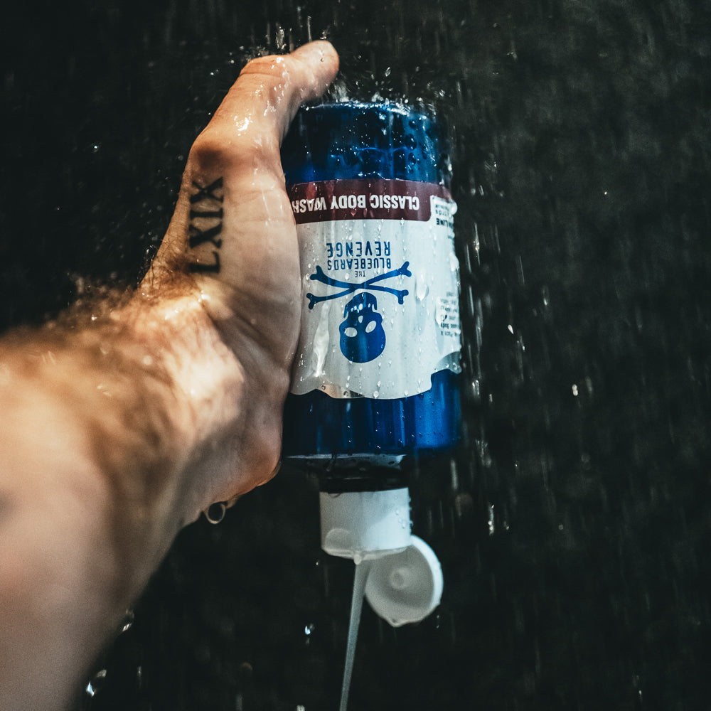 Body Wash for men with a classic barbershop scent by The Bluebeards Revenge being used in the shower