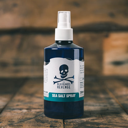 A bottle of sea salt spray for men's hair by the bluebeards revenge in a 100% recycled plastic bottle